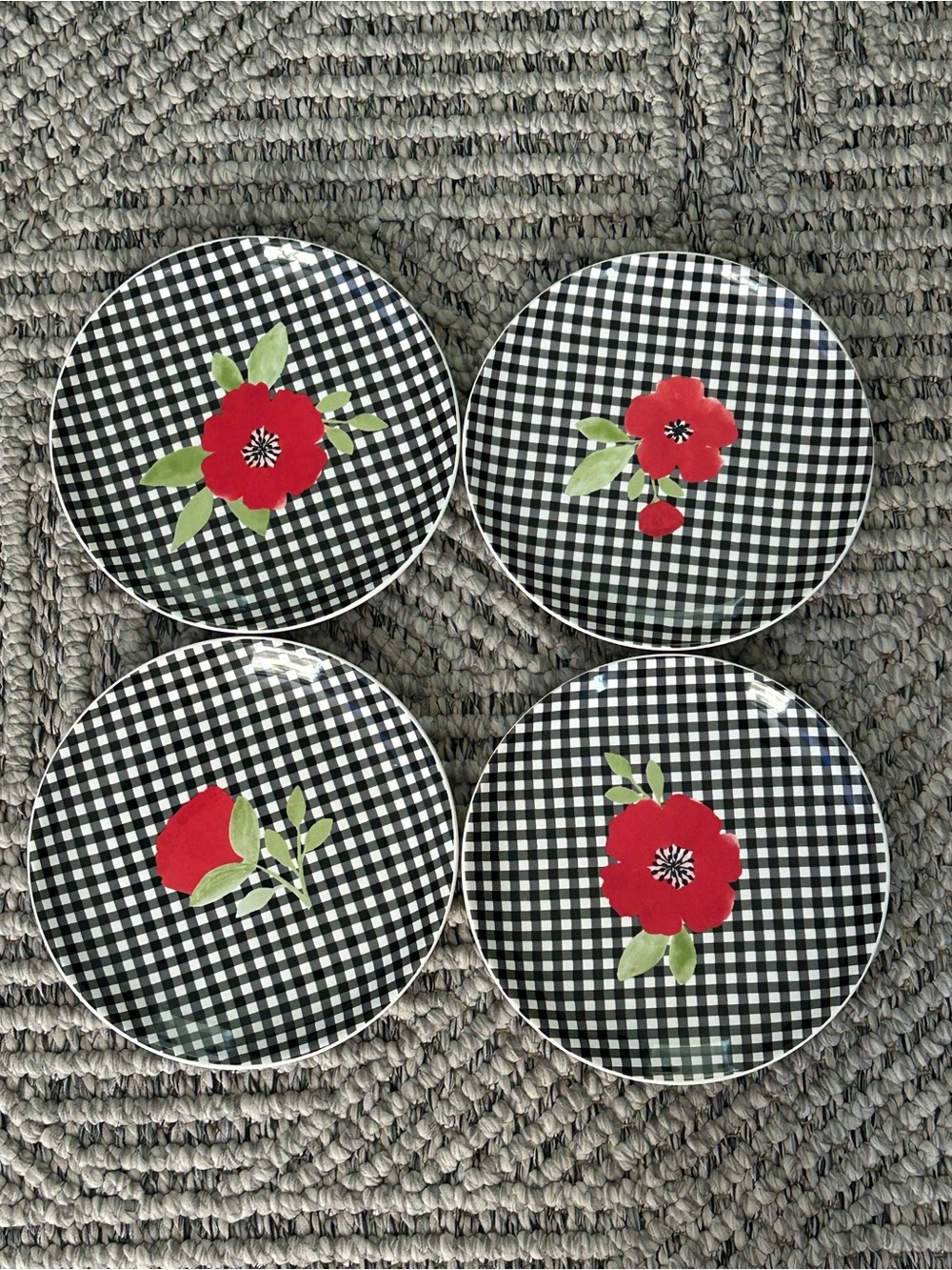 Dolly Parton Appetizer Dessert Plates Black White Gingham Red Poppy 7” Set Of 4!